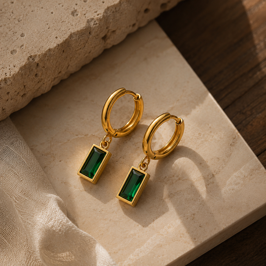 Emerald Drop Hoop Earrings